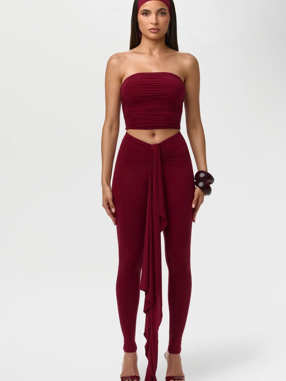 naked wardrobe Burgundy Strapless Ruched Crop Top & Draped Leggings Set